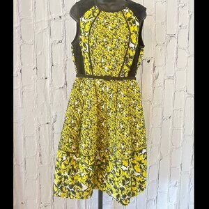 Oscar de la Renta | Yellow Corded Black Lace | Midi Dress